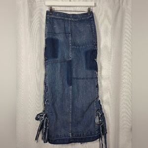 TOV HOLY Patchwork Maxi Denim Jean Skirt Side lace up Size 40 Approx M $190